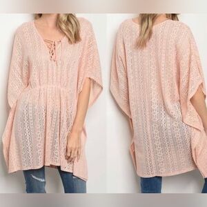 Loveriche Size Medium peach rose Coral Pointelle Knit Swim Cover Lace up tunic